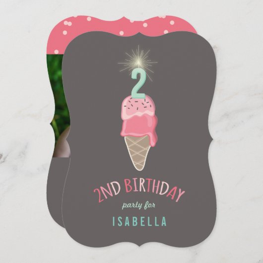 ピンクアイスクリームスパークラーガール2nd誕生日パーティー 招待状 (正面/裏面)