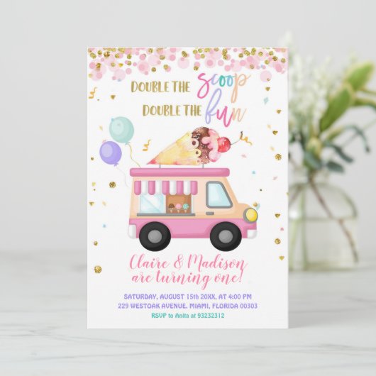 ピンクアイスクリームダブルザスコップツインズ誕生日 招待状 (スタンド正面)