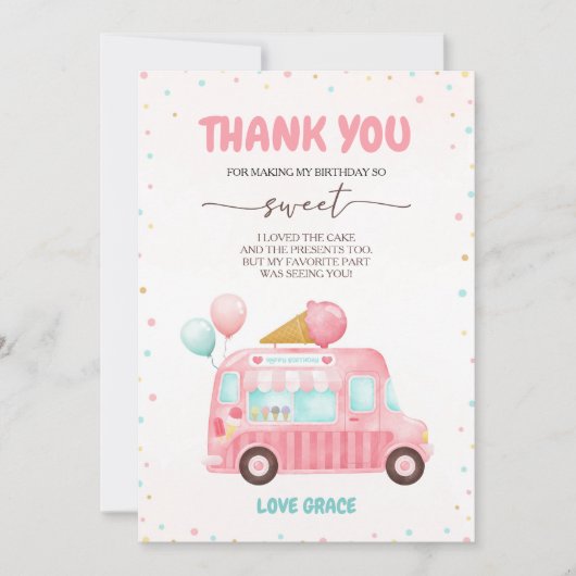 ピンクアイスクリームトラックはこちらスクープ誕生日 サンキューカード (正面)