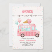 ピンクアイスクリームトラックはこちらスクープ誕生日 招待状 (正面)