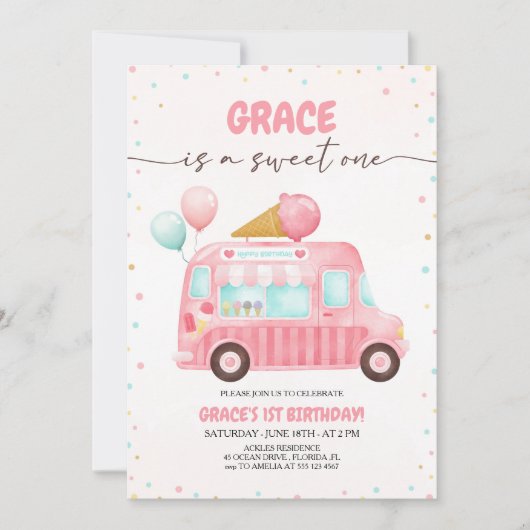 ピンクアイスクリームトラックはこちらスクープ誕生日 招待状 (正面)