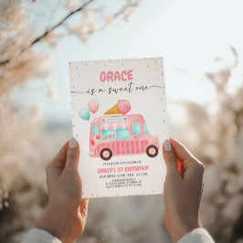 ピンクアイスクリームトラックはこちらスクープ誕生日 招待状