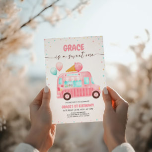 ピンクアイスクリームトラックはこちらスクープ誕生日 招待状