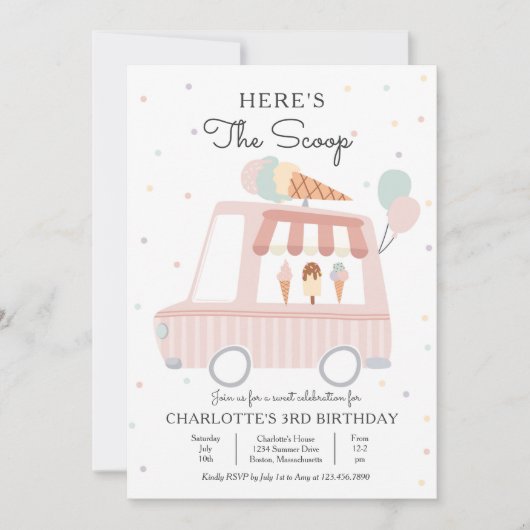 ピンクアイスクリームトラックはこちらスクープ誕生日 招待状 (正面)