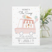 ピンクアイスクリームトラックはこちらスクープ誕生日 招待状 (スタンド正面)