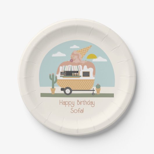 ピンクアイスクリームトラックキャンパーガールズ誕生日 ペーパープレート (正面)