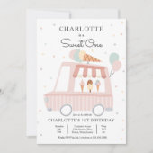 ピンクアイスクリームトラックスウィートワン誕生日パーティー 招待状 (正面)