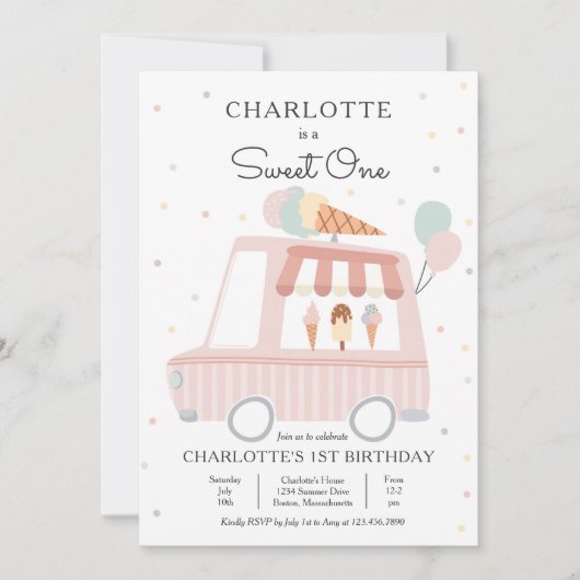 ピンクアイスクリームトラックスウィートワン誕生日パーティー 招待状 (正面)
