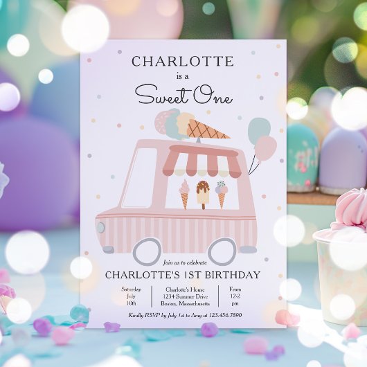 ピンクアイスクリームトラックスウィートワン誕生日パーティー 招待状