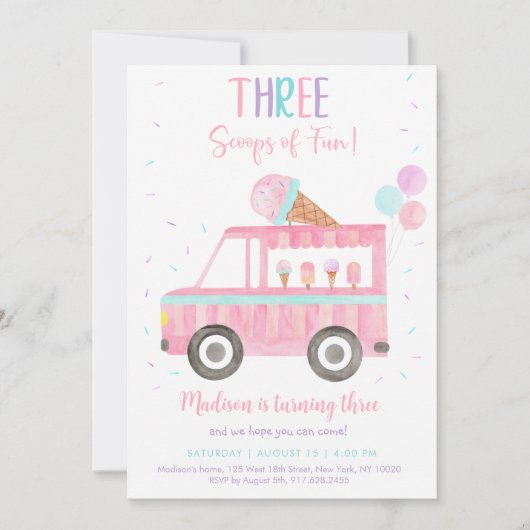 ピンクアイスクリームトラック第3誕生日 招待状 (正面)