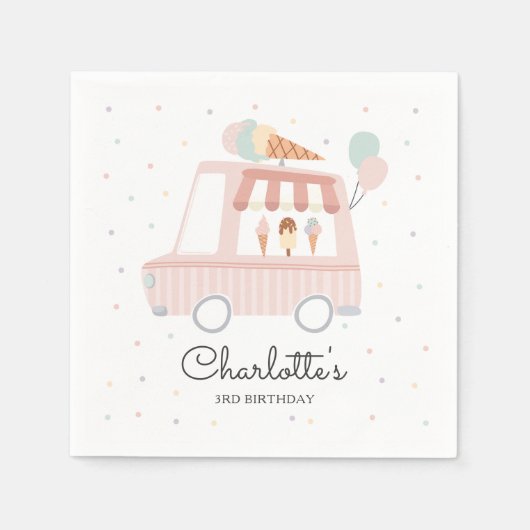ピンクアイスクリームトラック誕生日パーティーの装飾 スタンダードカクテルナプキン (正面)