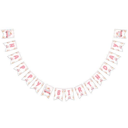ピンクアイスクリームトラック誕生日 バンティングフラッグ (全)