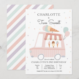 ピンクアイスクリームトラック2つの甘い2番目の誕生日パーティー 招待状