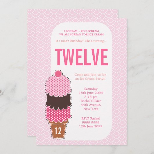 ピンクアイスクリームパーティーガールズ誕生日招待状 招待状 (正面/裏面)