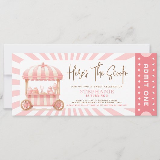 ピンクアイスクリーム子供の誕生日招待状チケット- 招待状 (正面)