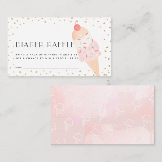 ピンクアイスクリーム金ゴールドおむつラッフルチケット エンクロージャーカード (正面/裏面)