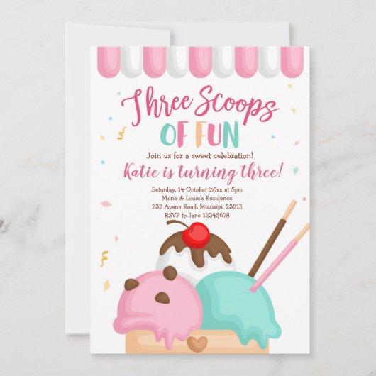 ピンクアイスクリーム3スクープのおもしろい誕生日 招待状 (正面)