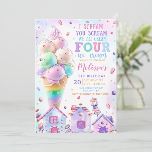 ピンクアイスクリーム4th誕生日招待状 招待状 (スタンド正面)