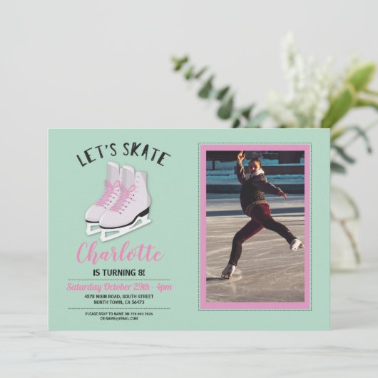 ピンクアイススケートで滑るスケートフォトバースデーパーティー招待状 招待状 (スタンド正面)