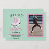 ピンクアイススケートで滑るスケートフォトバースデーパーティー招待状 招待状 (正面/裏面)