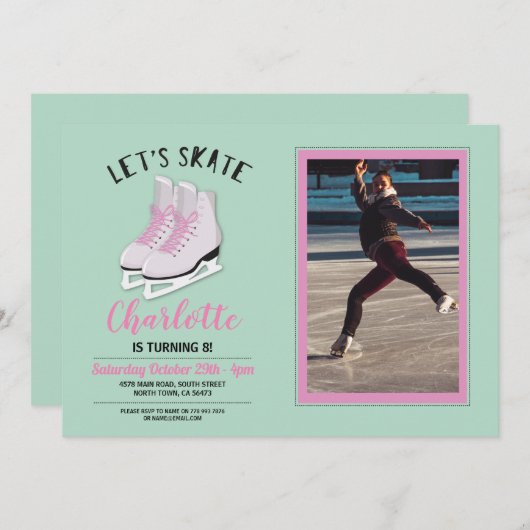 ピンクアイススケートで滑るスケートフォトバースデーパーティー招待状 招待状 (正面/裏面)