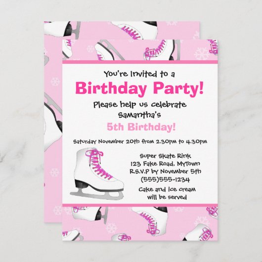 ピンクアイススケートで滑る誕生パーティー 招待状 (正面/裏面)