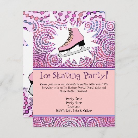 ピンクアイスパーソナライズされたスケートで滑るパーティの招待状 招待状 (正面/裏面)