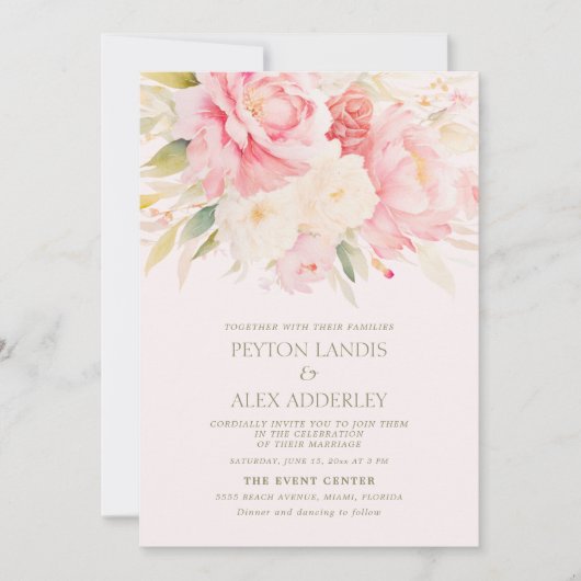 ピンクアイボリーウォーター色フローラ牡丹結婚ズ 招待状 (正面)