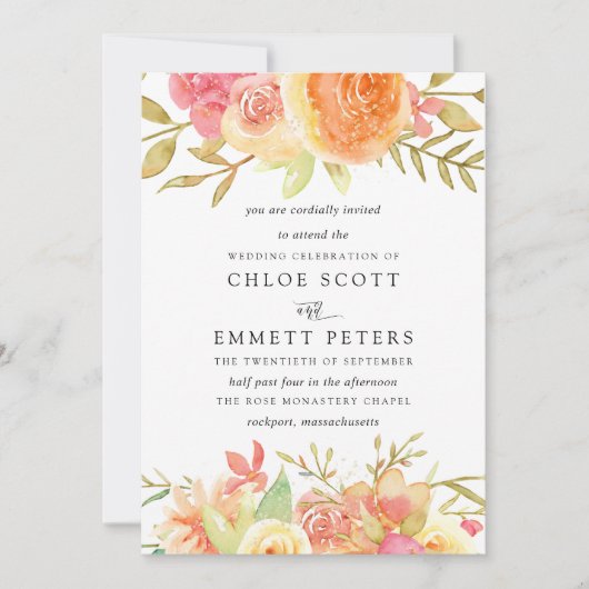 ピンクアイボリーオレンジフラワーズ結婚式招待状 招待状 (正面)