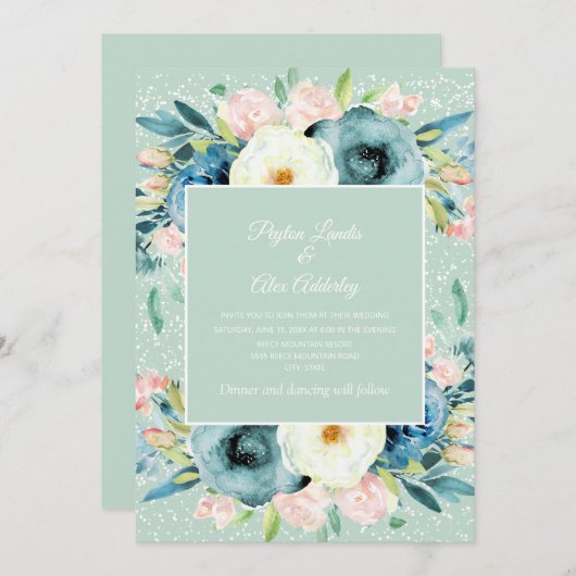 ピンクアイボリークリームフローラスターダストミント結婚ズ 招待状 (正面/裏面)