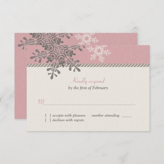 ピンクアイボリースノーフレーク冬の結婚式の返信カード 出欠カード (正面/裏面)