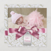 ピンクアイボリースワーズベビーガールフォト《キリスト教》洗礼式や命名式 招待状 (正面/裏面)