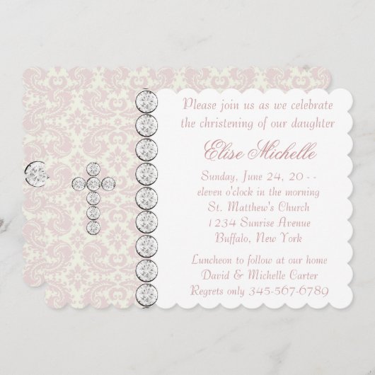 ピンクアイボリーダマスククロスベビーガール《キリスト教》洗礼式や命名式 招待状 (正面/裏面)