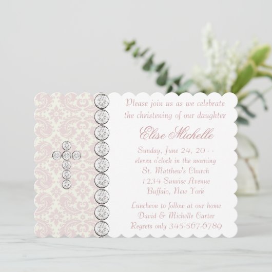 ピンクアイボリーダマスククロスベビーガール《キリスト教》洗礼式や命名式 招待状 (スタンド正面)