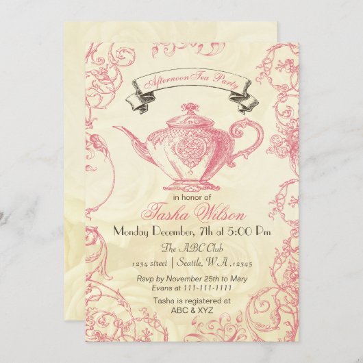 ピンクアイボリーバラヴィンテージアフタヌーンティー招待状 招待状 (正面/裏面)