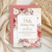 ピンクアイボリーホワイトフローラ金ゴールドグリッター75th誕生日 招待状