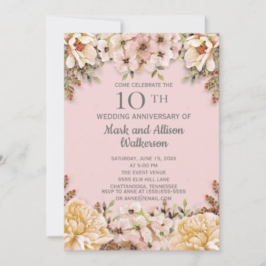 ピンクアイボリー フローラル 10周年結婚記念日 招待状 (正面)