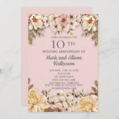 ピンクアイボリー フローラル 10周年結婚記念日 招待状 (正面/裏面)