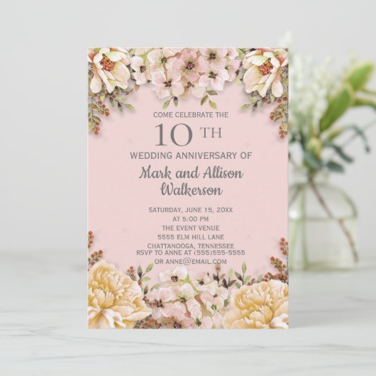 ピンクアイボリー フローラル 10周年 結婚記念日 招待状 (スタンド正面)