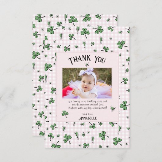 ピンクアイリッシュクローバーとハート子供の誕生日 サンキューカード (正面/裏面)