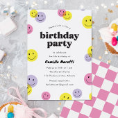 ピンクアイリーハッピーハッピーピー顔子供の誕生日パーティー 招待状