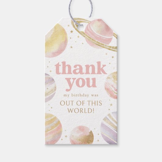 ピンクアウタースペースガール誕生日メッセージカード ギフトタグ (正面)