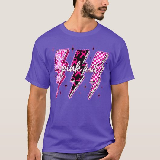 ピンクアウト稲妻ボルトリボン乳がん男性用W Tシャツ (正面)