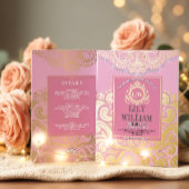 ピンクアエレガントルデコダイヤモンドモノグラ結婚ムの金ゴールド 箔招待状