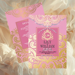 ピンクアエレガントルデコダイヤモンドモノグラ結婚ムの金ゴールド 箔招待状