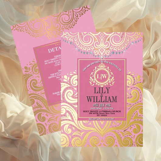 ピンクアエレガントルデコダイヤモンドモノグラ結婚ムの金ゴールド 箔招待状