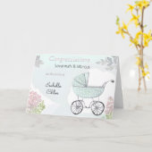 ピンクアクアかわいらし誕生おめでとう新生児 カード (黄色い花)