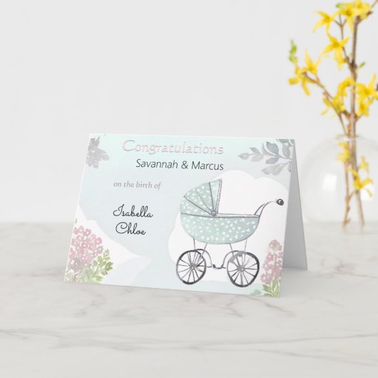 ピンクアクアかわいらし誕生おめでとう新生児 カード (黄色い花)