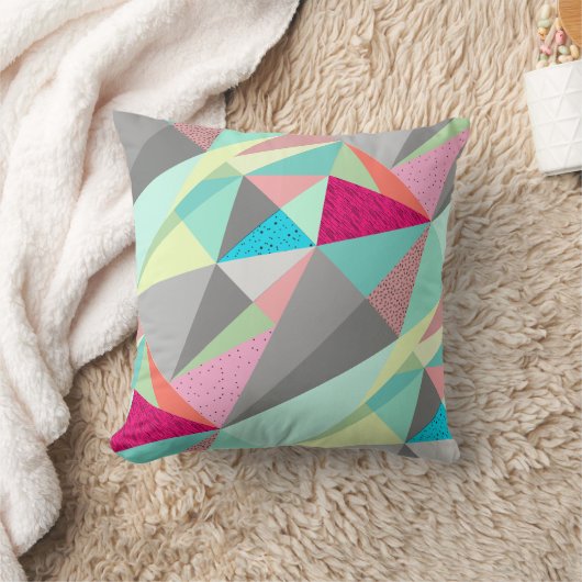 ピンクアクアイエローグレー抽象芸術三角形パターン クッション (ブランケット)
