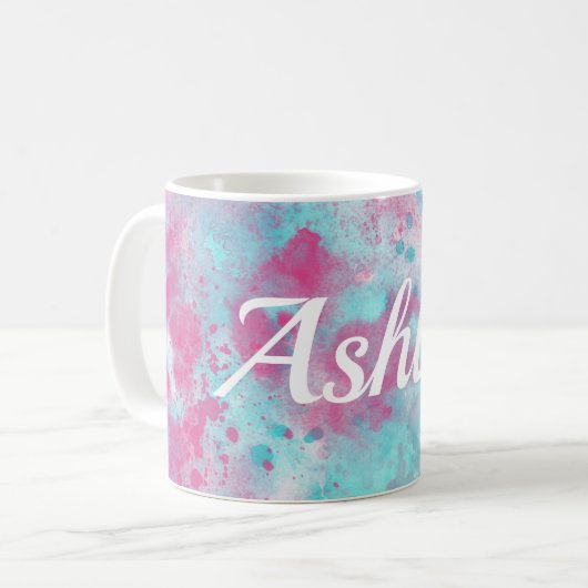 ピンクアクアウォーターカラー洗剤&カスタマイズ可能な名前マグカップ コーヒーマグカップ (正面左)